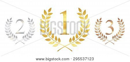 Golden, Silver And Bronze Award Laurel Wreat . Winner Leaf Label,  Symbol Of Victory.  Illustration