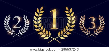 Golden, Silver And Bronze Award Laurel Wreat . Winner Leaf Label,  Symbol Of Victory.  Illustration