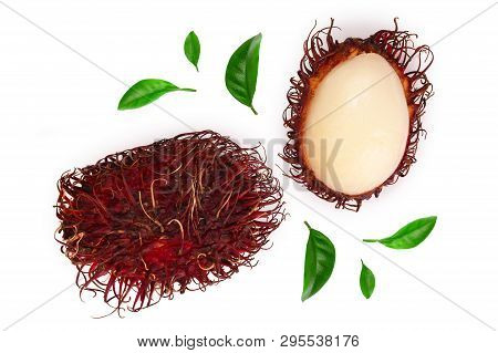Rambutan With Leaves Isolated On White Background. Tropical Fruit. Nephelium Lappaceum. Top View. Fl