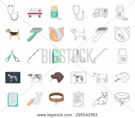 Veterinary Clinic Cartoon, Outline Icons In Set Collection For Design. Treatment Of A Pet Vector Sym