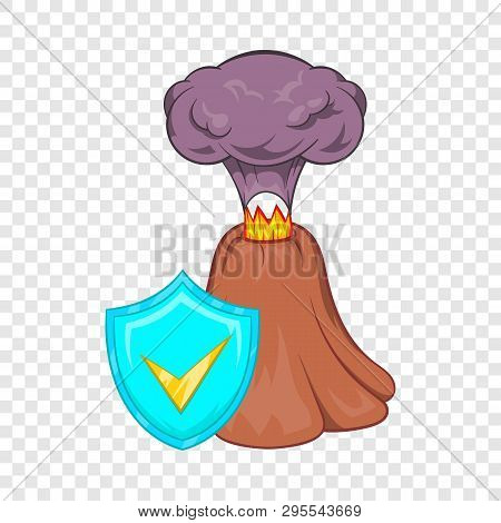 Volcano Erruption And Sky Blue Shield With Tick Icon In Cartoon Style On A Background For Any Web De
