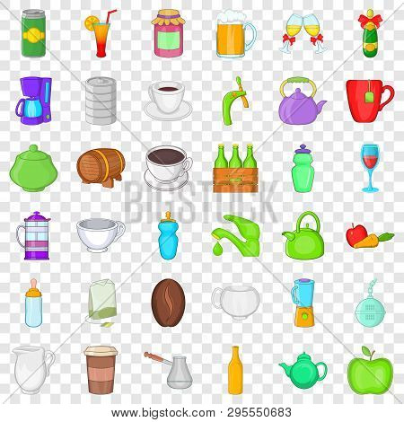 Fruit And Drink Icons Set. Cartoon Style Of 36 Fruit And Drink Icons For Web For Any Design