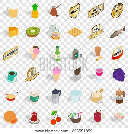 Food And Drink Icons Set. Isometric Style Of 36 Food And Drink Icons For Web For Any Design