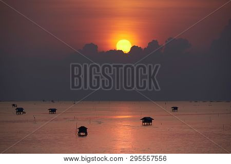Beautiful Sunrise Behind The Clouds Over The Gulf Of Thailand, Bangtaboon, Petchaburi,thailand
