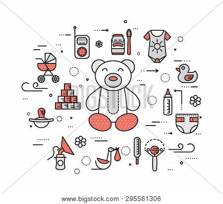 World Thin Line Breastfeeding Week And Kids Elements Flat Icon Set Concept. Child Outline Illustrati