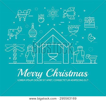 Merry Christmas Thin Line Icons Flat Set Background. Outline Birth Of Christ Illustration Background