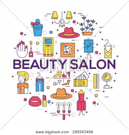 Thin Line Beauty Salon With Assortment Vector Brochure Cards Set.  Cosmetology Template Of Flyear, M