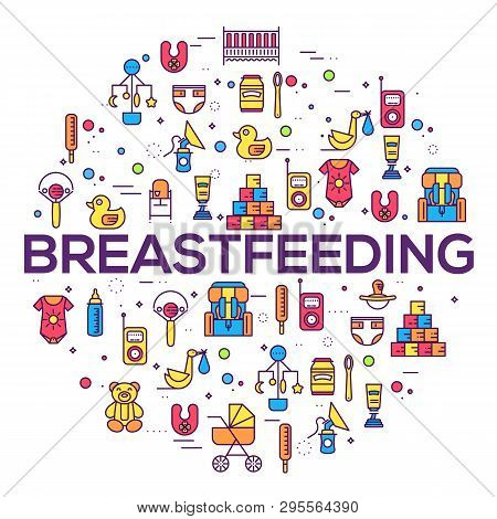 World Thin Line Breastfeeding Week And Kids Elements Flat Icon Set Concept. Child Outline Illustrati