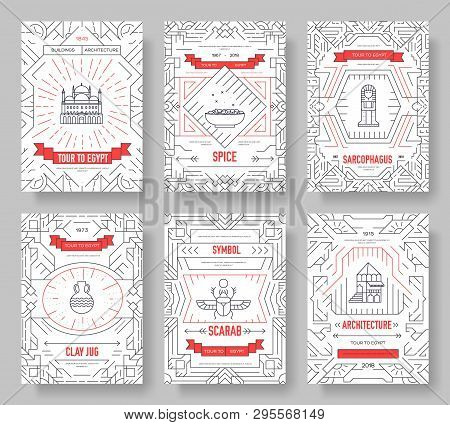 Country Egypt Travel Vacation Guidevector Brochure Card Thin Line Set. Thinking The Idea Linear Temp