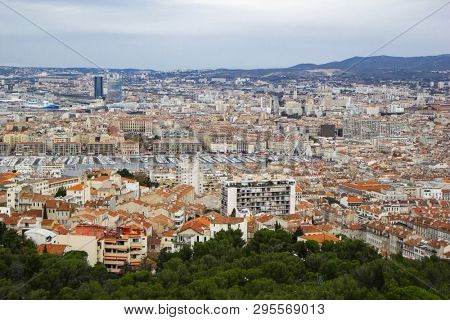 Panorama of Marseille from Basilique Notre Dame de la Garde,  in decemder. Marseille, France