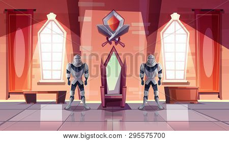 Medieval Castle Throne Room Or Ballroom Interior With Knights In Armor On Both Sides Of Kings Throne