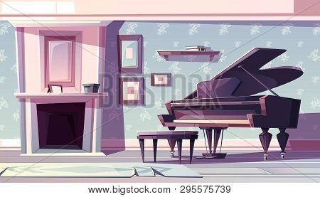 Living Room Interior In Classic Style With Fireplace, Grand Piano And Paintings Or Family Photos In 