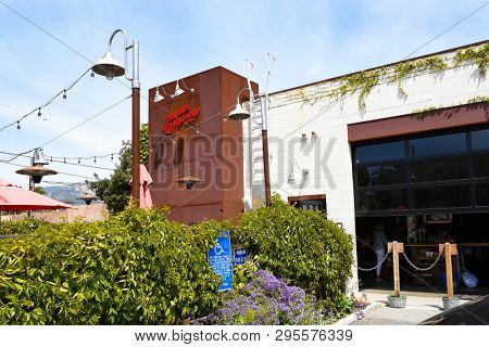 SANTA BARBARA, CALIFORNIA - APRIL 11, 2019: The Figueroa Mountain Brewing Company in Santa Barbara features indoor and outdoor seating with beers on tap and in bottles to go.