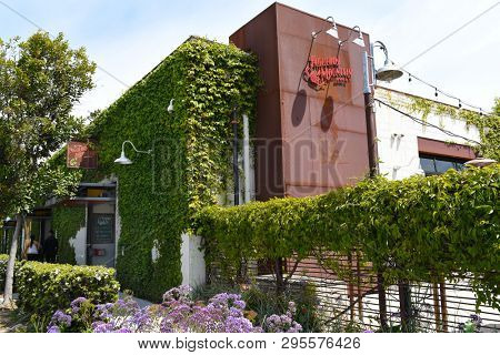 SANTA BARBARA, CALIFORNIA - APRIL 11, 2019: The Figueroa Mountain Brewing Company in Santa Barbara features indoor and outdoor seating with beers on tap and in bottles to go.