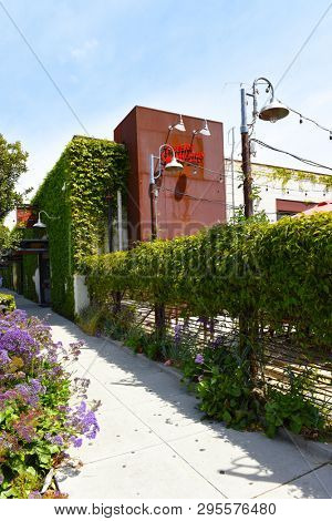 SANTA BARBARA, CALIFORNIA - APRIL 11, 2019: The Figueroa Mountain Brewing Company in Santa Barbara features indoor and outdoor seating with beers on tap and in bottles to go.
