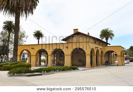 SANTA BARBARA, CALIFORNIA - APRIL 11, 2019: Amtrak Train Station Santa Barbara serves the Coast Starlight and the Pacific Surfliner. 