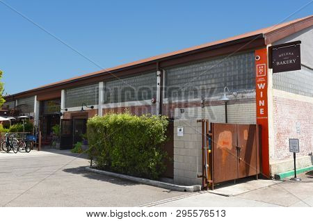 SANTA BARBARA, CALIFORNIA - APRIL 11, 2019: Helena Avenue Bakery and the Santa Barbara Wine Collective located in the Funk Zone neighborhood.