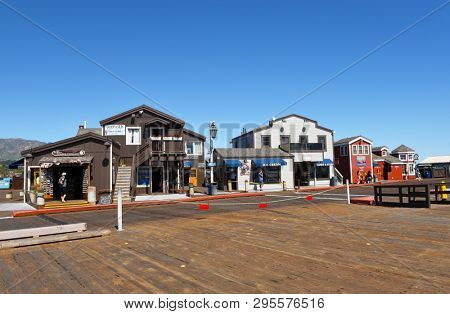 SANTA BARBARA, CALIFORNIA - APRIL 11, 2019: Shops on Stearns Wharf.  When completed In 1872, it became the longest deep-water pier between Los Angeles and San Francisco.