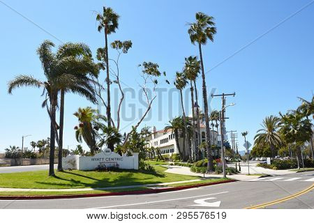 SANTA BARBARA, CALIFORNIA - APRIL 11, 2019: Hyatt Centric Hotel is across from East Beach, built  in the 1930s Spanish Colonial style, only 1 mile from Stearns Wharf.