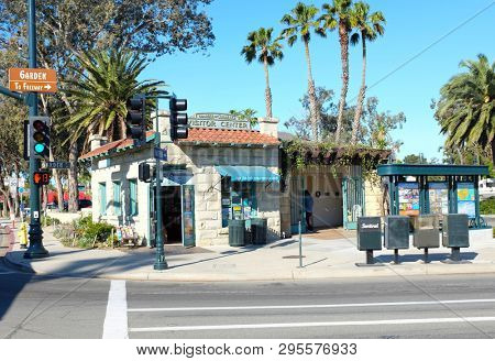 SANTA BARBARA, CALIFORNIA - APRIL 12, 2019:  Santa Barbara Chamber of Commerce Visitor Center is located on the waterfront one block from Stearns Wharf. 