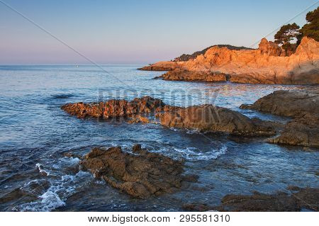 Ibiza Seascape, Spain. Rocks In Sea Water In The Morning. Tropical Sea Landscape