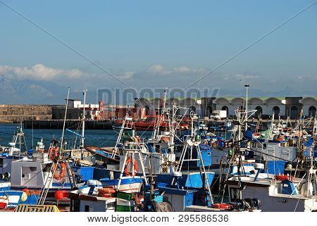 Tarifa, Spain - September 14, 2008 - View Of Boats In The Harbour With Views Towards The Moroccan Co