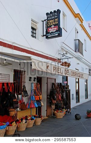 Conil De La Frontera, Spain - September 14, 2008 - Leather Gift Shop Along A Street In The Old Town,