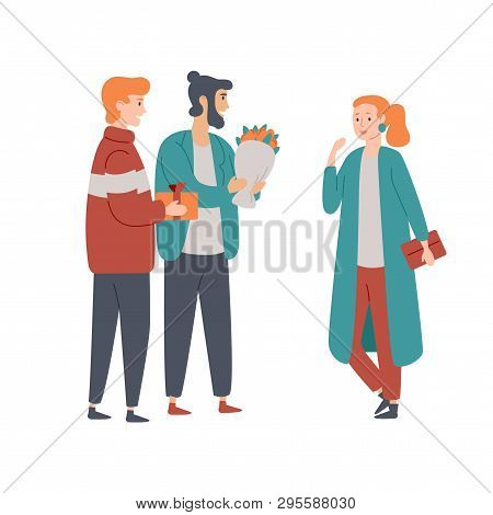 Men Congratulate A Woman On The Holiday And Give Flowers.