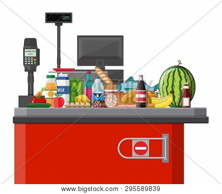 Supermarket Store, Retail Groceries. Big Shopping Mall. Interior Store Inside. Checkout Counter, Cas