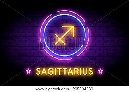 The Sagittarius Zodiac Symbol, Horoscope Sign In Trendy Neon Style On A Wall. Sagittarius Astrology 