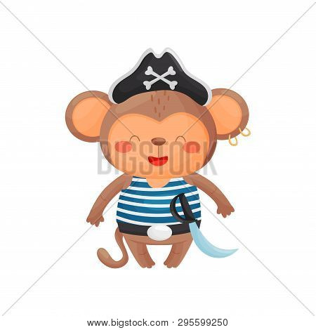 Monkey Pirate Character In Cartoon Style, In A Blue-white Vest, Black Pirate Hat With A Saber On A B