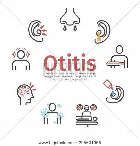 Otitis Banner. Symptoms, Treatment. Vector Signs For Web Graphics.