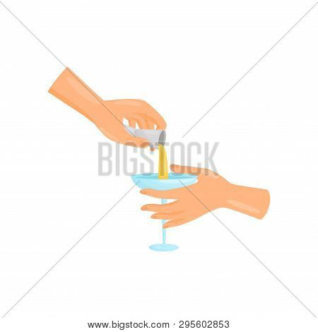 Bartender Hand Pouring A Jigger Cocktail Into A Glass. Vector Illustration.