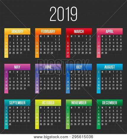 Creative Vector Illustration Of 2019 Year Colorful Calendar Isolated On Transparent Background. Art 