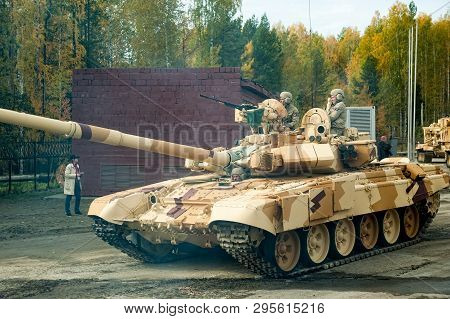 Nizhniy Tagil, Russia - September 25. 2013: Modernized Tank T-72 Moves On The Shooting Demonstration