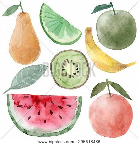 Watercolor Pear, Lime, Apple, Orange, Watermelon, Kiwi, Banana. Hand Drawn Summer Illustration. Desi