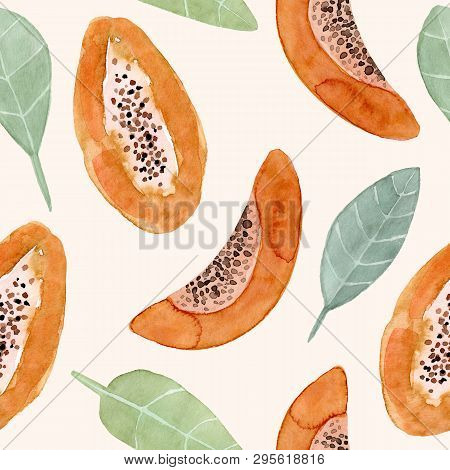 Seamless Pattern. Watercolor Papaya Fruit. Hand Drawn Summer Illustration. Design For Fabric, Packag