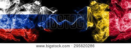 Russian Vs Chad, Chadian Smoke Flags Placed Side By Side. Thick Colored Silky Smoke Flags Of Russia 
