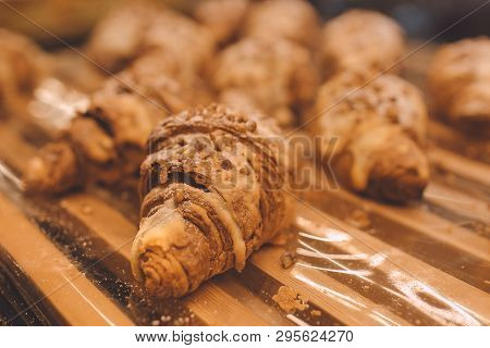 Freshly Baked Croissants In A Bakery Shop. Delicious Fresh.