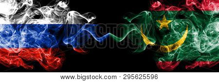 Russian Vs Mauritania, Mauritanian Smoke Flags Placed Side By Side. Thick Colored Silky Smoke Flags 
