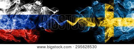 Russian Vs Sweden, Swedish Smoke Flags Placed Side By Side. Thick Colored Silky Smoke Flags Of Russi