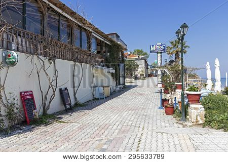 Nea Fokea, Kassandra,  Greece - March 31, 2019: Panorama Of Town Of Nea Fokea, Kassandra, Chalkidiki