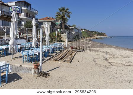 Nea Fokea, Kassandra,  Greece - March 31, 2019: Panorama Of Town Of Nea Fokea, Kassandra, Chalkidiki