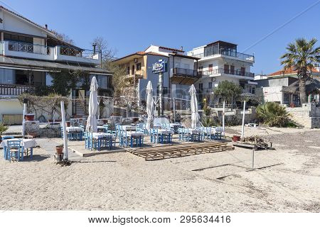 Nea Fokea, Kassandra,  Greece - March 31, 2019: Panorama Of Town Of Nea Fokea, Kassandra, Chalkidiki