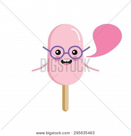 Cute Smart Ice Cream Character In Glasses With Speech Bubble, Talking, Giving Advice Or Information.