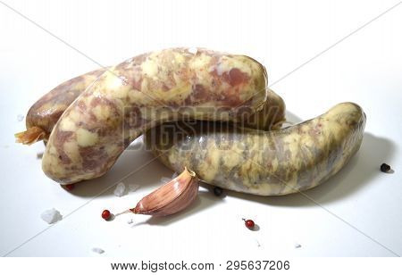 Homemade Pork Sausage Isolated On White Background. Swine Sausage