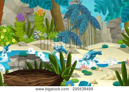 Cartoon Scene In The Jungle Near Stream Or River With Nest - Illustration For Children