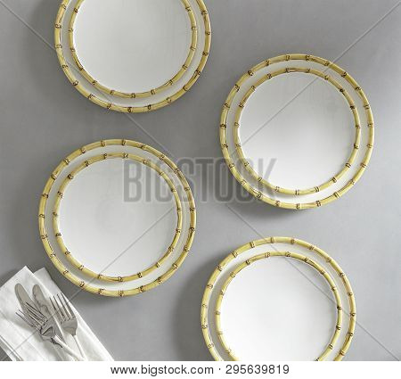 Set Of 4 Matching Decorative Plates For Interior Design - Yellow Waves. Vector Illustration