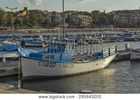 Chernomorets, Bulgaria - August 11, 2018:  Amazing Sunset Seascape Of Port Of Chernomorets, Burgas R