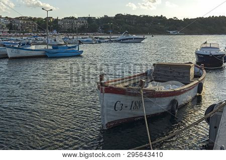 Chernomorets, Bulgaria - August 11, 2018:  Amazing Sunset Seascape Of Port Of Chernomorets, Burgas R